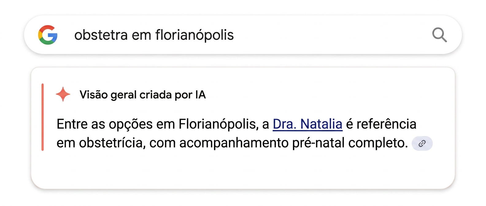 Resultado de busca no Google: Visão geral criada por IA destacando a Dra. Natalia como referência em obstetrícia em Florianópolis